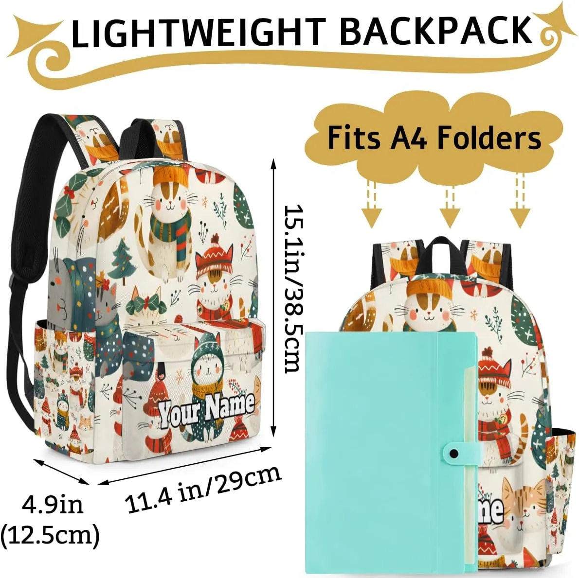 Personalized Christmas Preschool Toddler Backpack for Boys Girls Custom Kids Name Small Bookbags Kindergarten Elementary Backpack, Cute Cat
