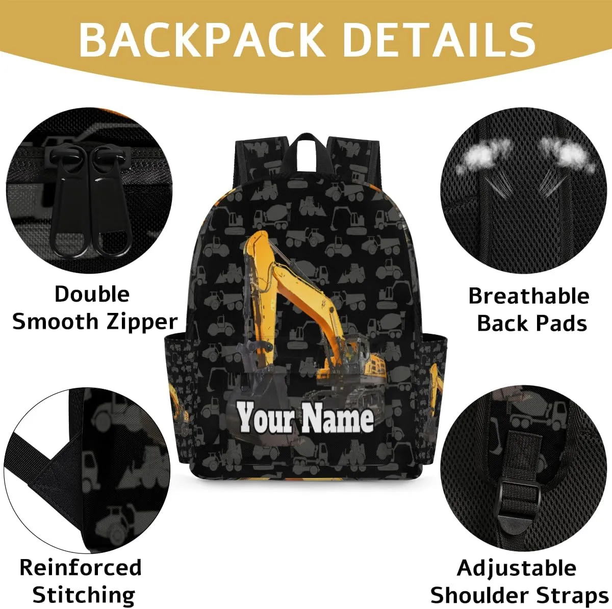 Personalized Construction Excavator Preschool Toddler Backpack for Boys Girls Custom Kids Name Small Bookbags Kindergarten Elementary Backpack, Cartoon Machinery