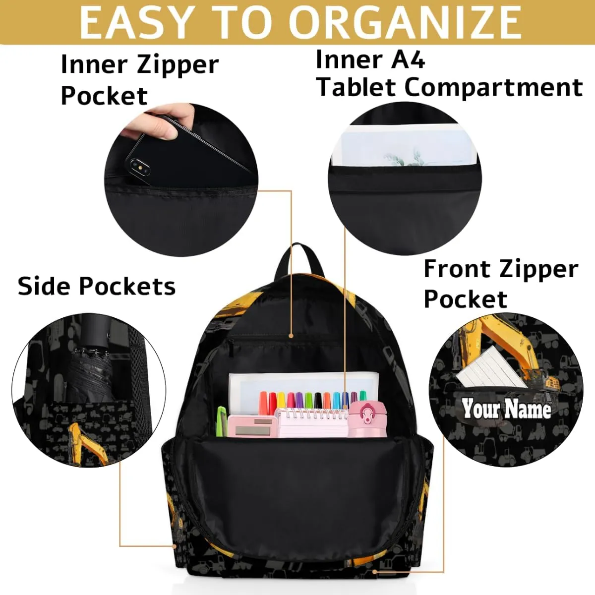 Personalized Construction Excavator Preschool Toddler Backpack for Boys Girls Custom Kids Name Small Bookbags Kindergarten Elementary Backpack, Cartoon Machinery
