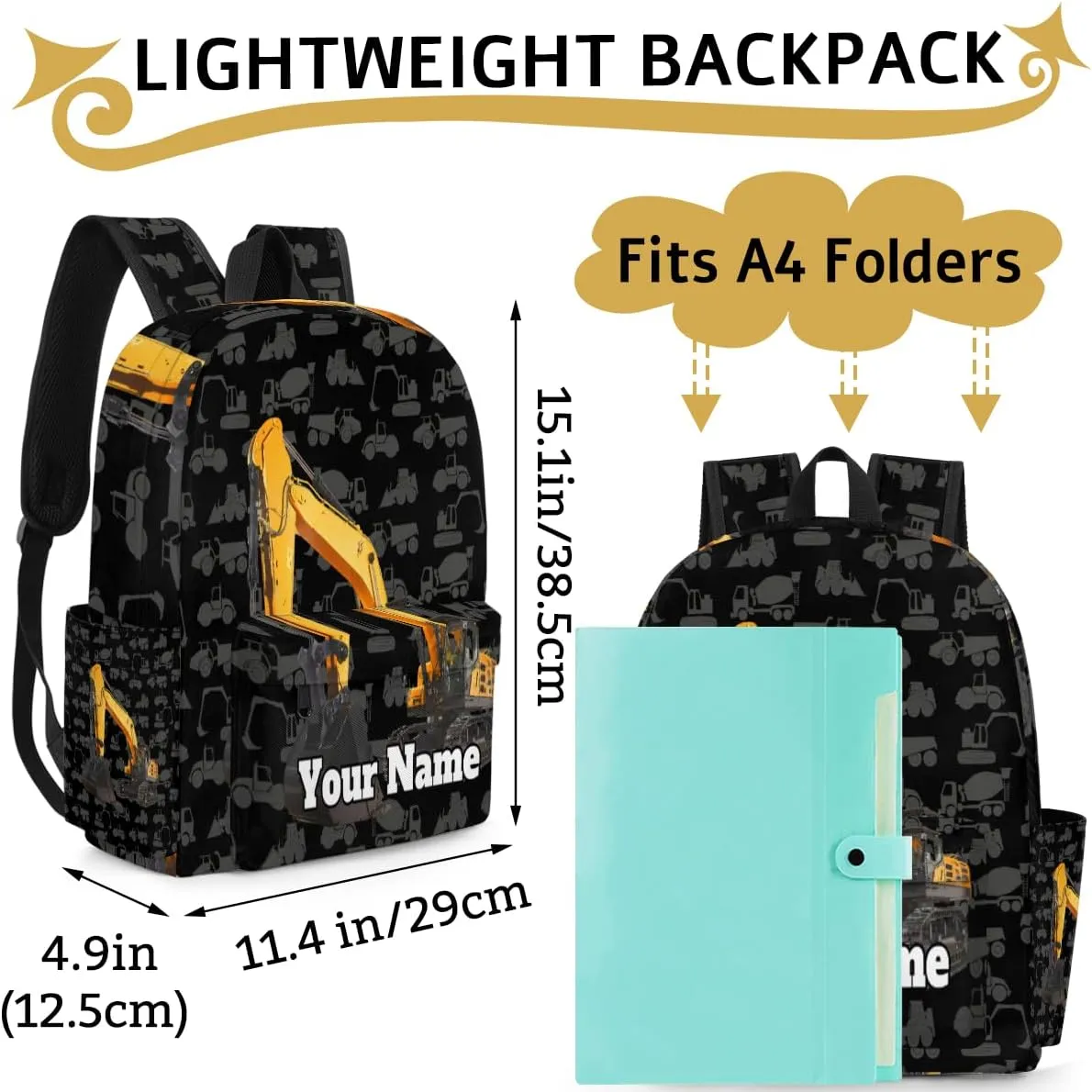 Personalized Construction Excavator Preschool Toddler Backpack for Boys Girls Custom Kids Name Small Bookbags Kindergarten Elementary Backpack, Cartoon Machinery