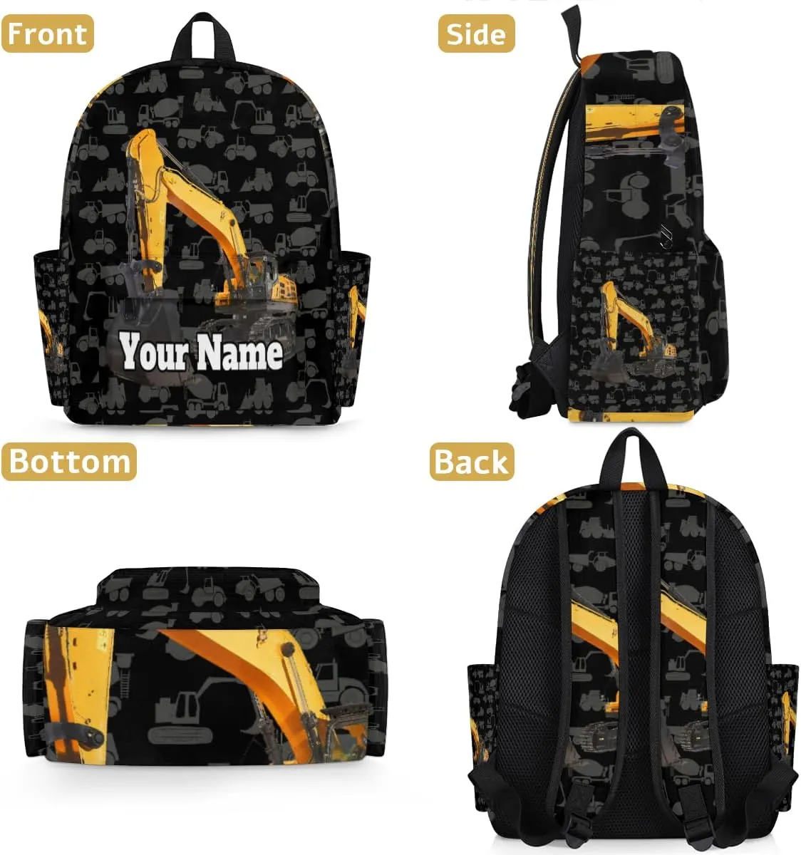 Personalized Construction Excavator Preschool Toddler Backpack for Boys Girls Custom Kids Name Small Bookbags Kindergarten Elementary Backpack, Cartoon Machinery