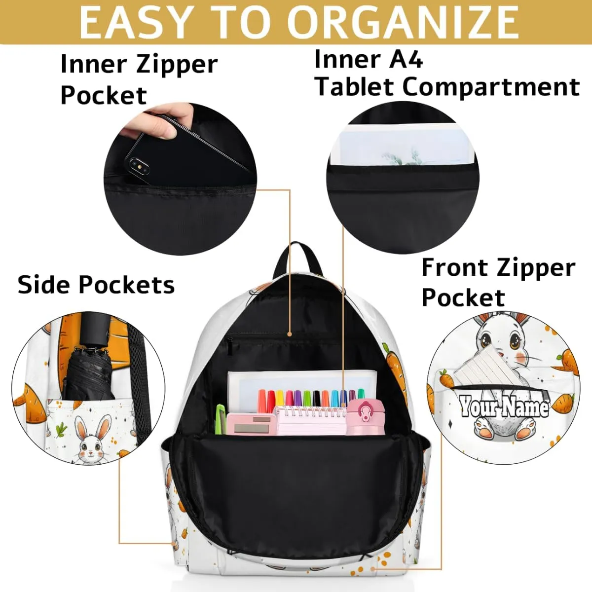 Personalized Cute Rabbit Preschool Toddler Backpack for Boys Girls Custom Kids Name Small Bookbags Kindergarten Elementary Backpack, Rabbit Carrot