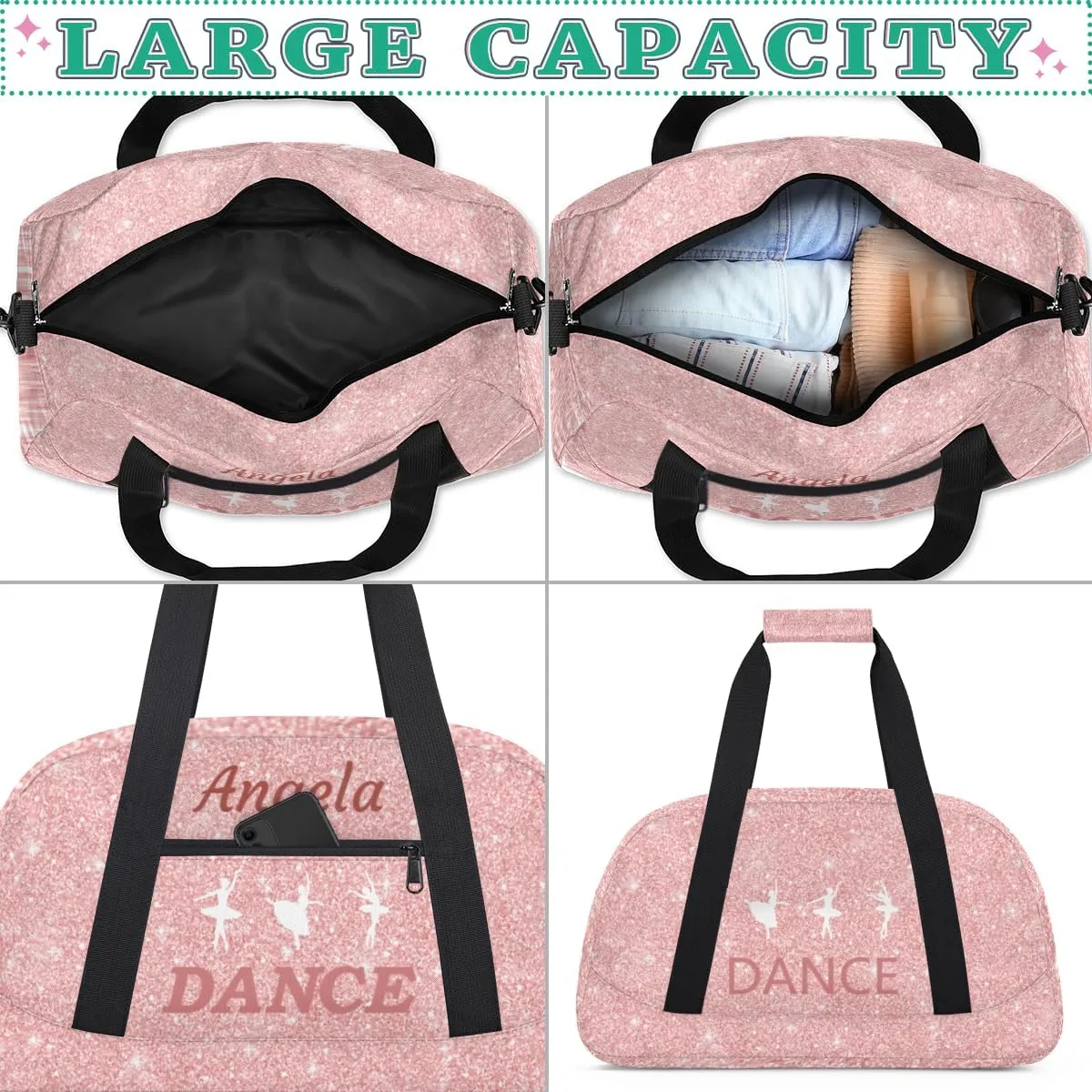 Personalized Dance Bag Kids Duffel Bag for Girls Pink Theme Small Sport Gym Bag Custom Overnight Weekender Bag Carry on Dance Bag for Travel Gymnastic