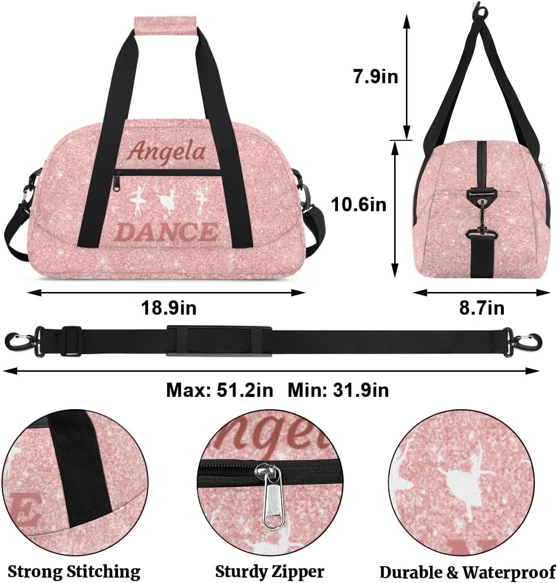 Personalized Dance Bag Kids Duffel Bag for Girls Pink Theme Small Sport Gym Bag Custom Overnight Weekender Bag Carry on Dance Bag for Travel Gymnastic