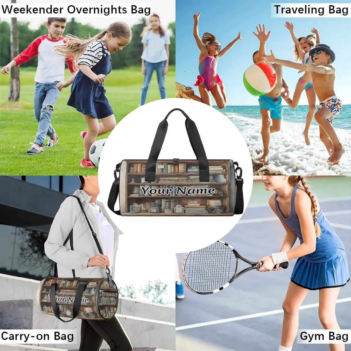 Personalized Duffel Bag for Women, Custom Bookshelf Gym Bag for Sports, Waterproof Dance Bag with Name, Lightweight Carryon Gym Bag, Educational