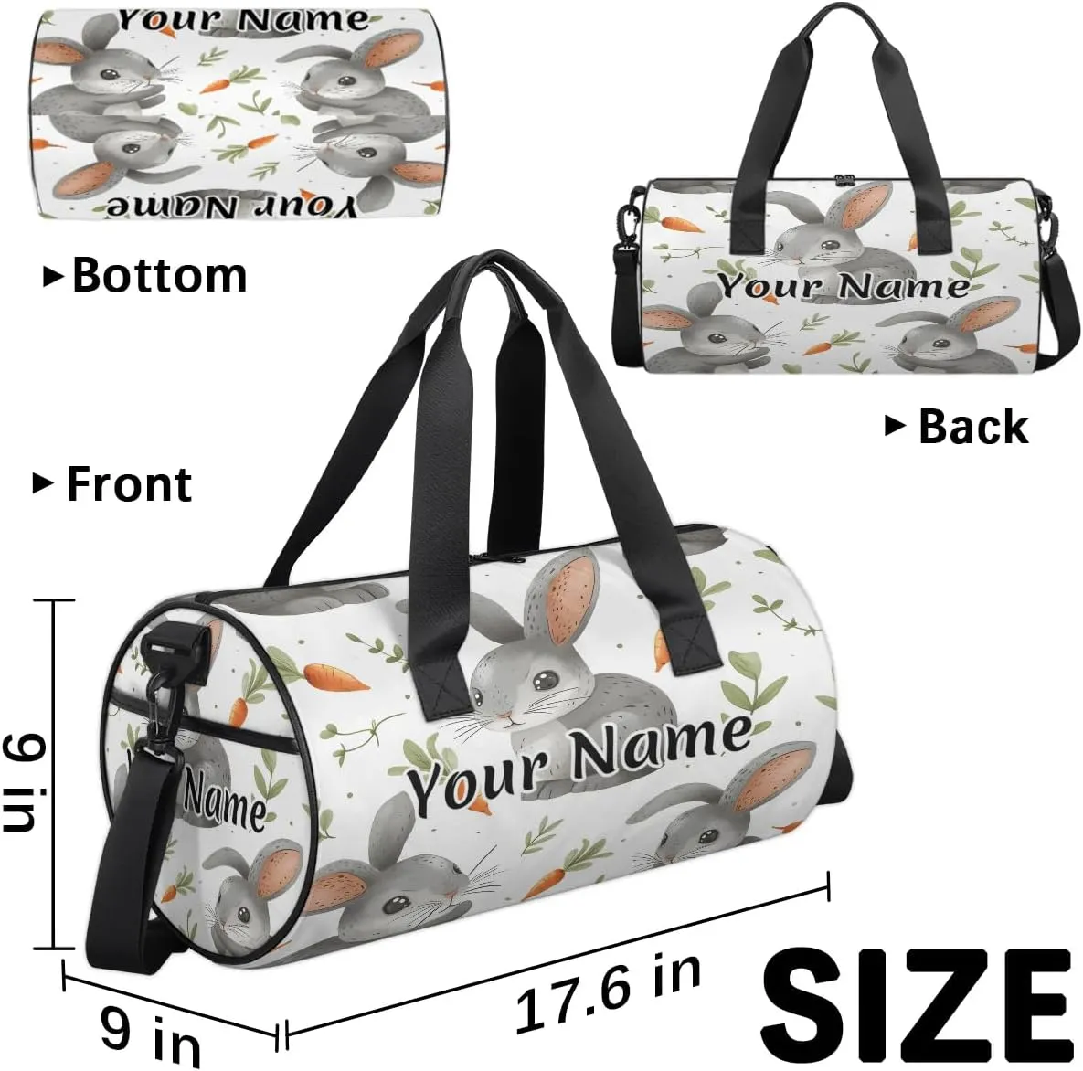 Personalized Duffel Bag for Women, Custom Easter Day Rabbit Carrot Gym Bag for Sports, Waterproof Dance Bag with Name, Lightweight Carryon Gym Bag, Cute Rabbit
