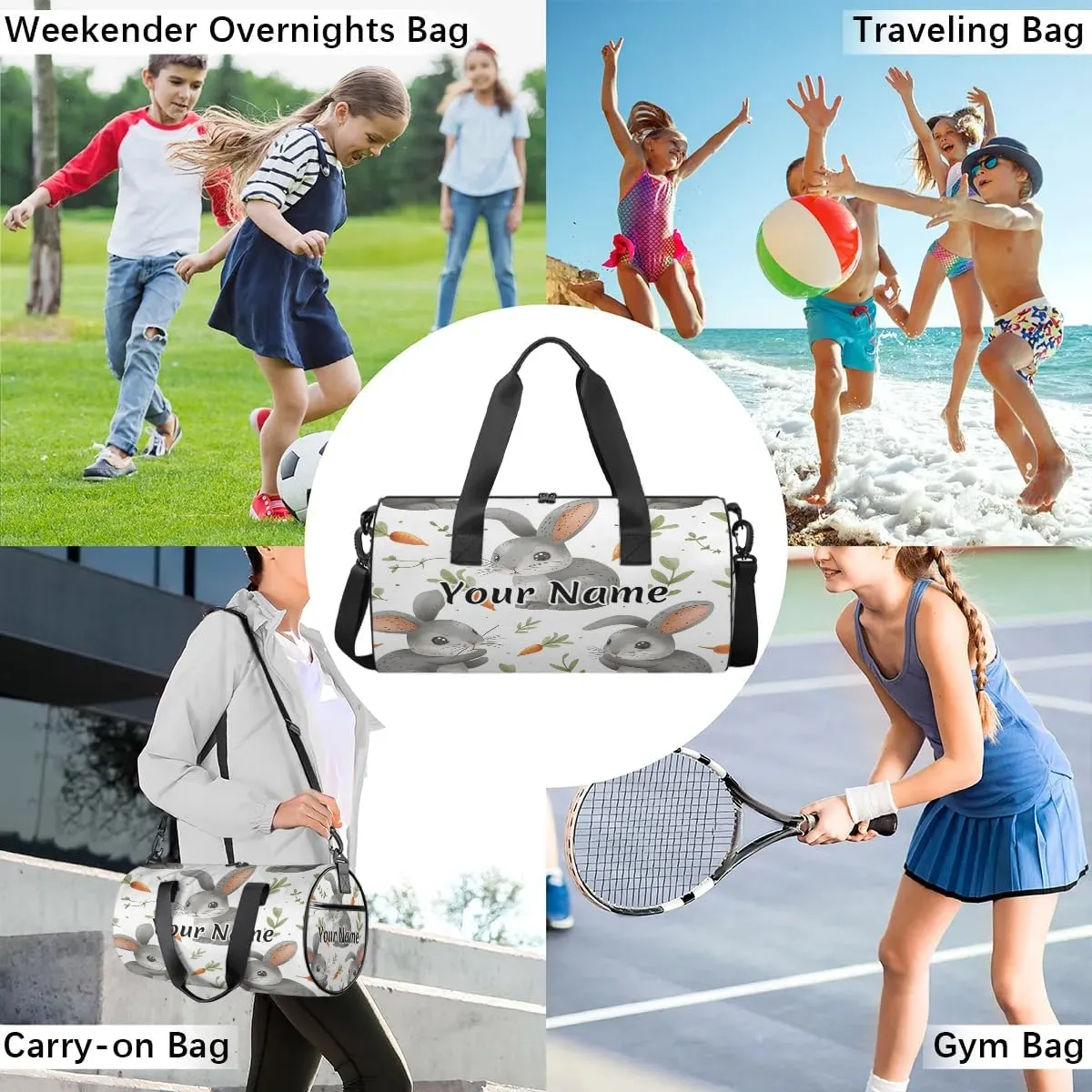 Personalized Duffel Bag for Women, Custom Easter Day Rabbit Carrot Gym Bag for Sports, Waterproof Dance Bag with Name, Lightweight Carryon Gym Bag, Cute Rabbit