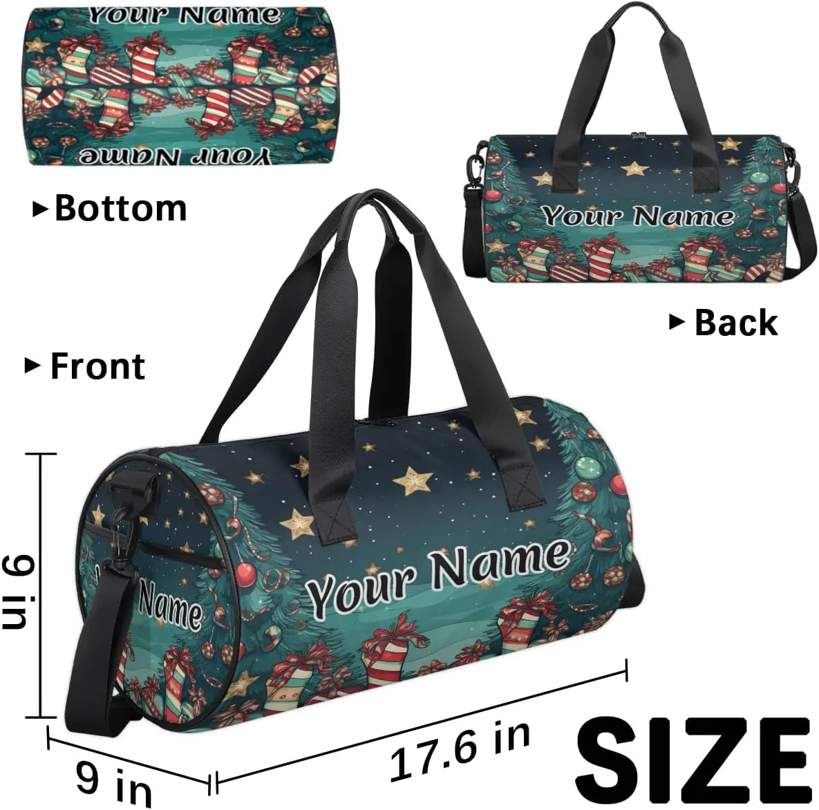 Personalized Duffel Bag for Women, Custom Xmas Tree Gym Bag for Sports, Waterproof Dance Bag with Name, Lightweight Carryon Gym Bag, Christmas