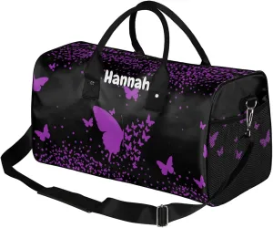 Personalized Duffel Bag with Name Butterfly Custom Travel Sports Bag for Women Men Waterproof Dance Ballet Bag Lightweight 17.4in, Dark Purple