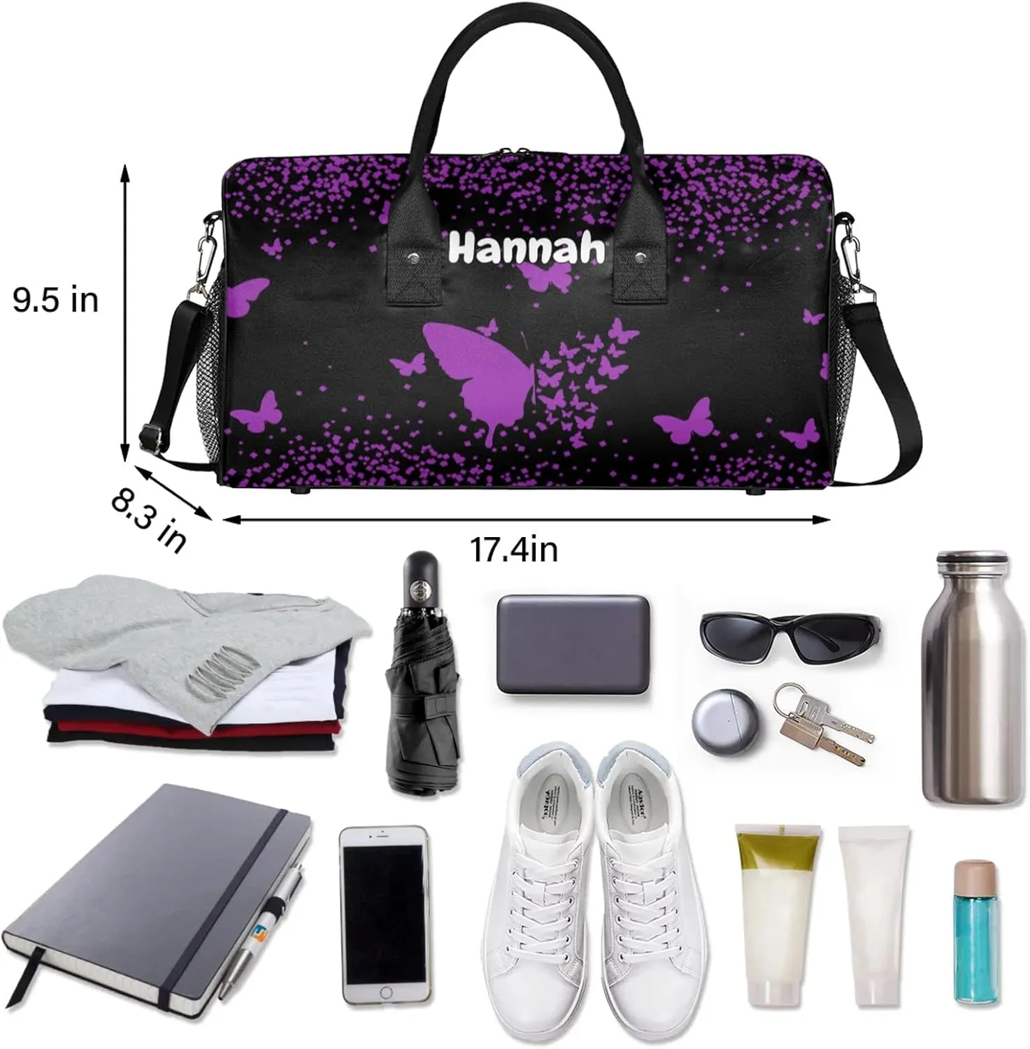 Personalized Duffel Bag with Name Butterfly Custom Travel Sports Bag for Women Men Waterproof Dance Ballet Bag Lightweight 17.4in, Dark Purple
