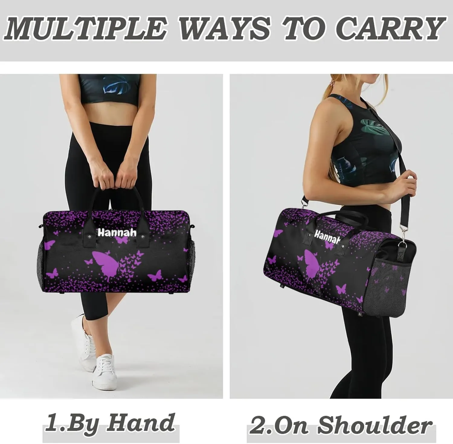 Personalized Duffel Bag with Name Butterfly Custom Travel Sports Bag for Women Men Waterproof Dance Ballet Bag Lightweight 17.4in, Dark Purple