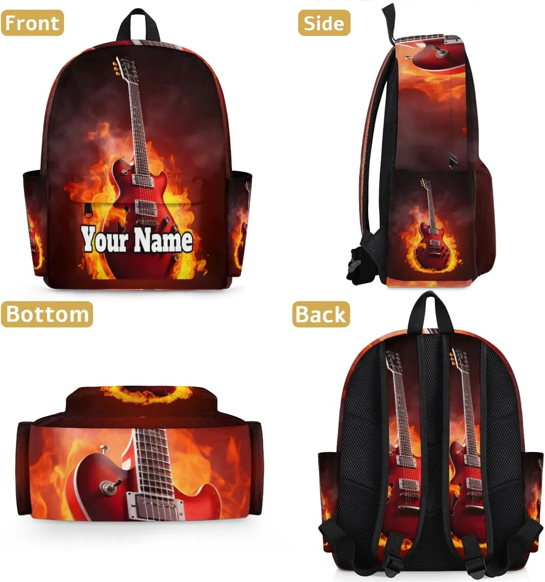 Personalized Guitar Flame Preschool Toddler Backpack for Boys Girls Custom Kids Name Small Bookbags Kindergarten Elementary Backpack, Music Theme