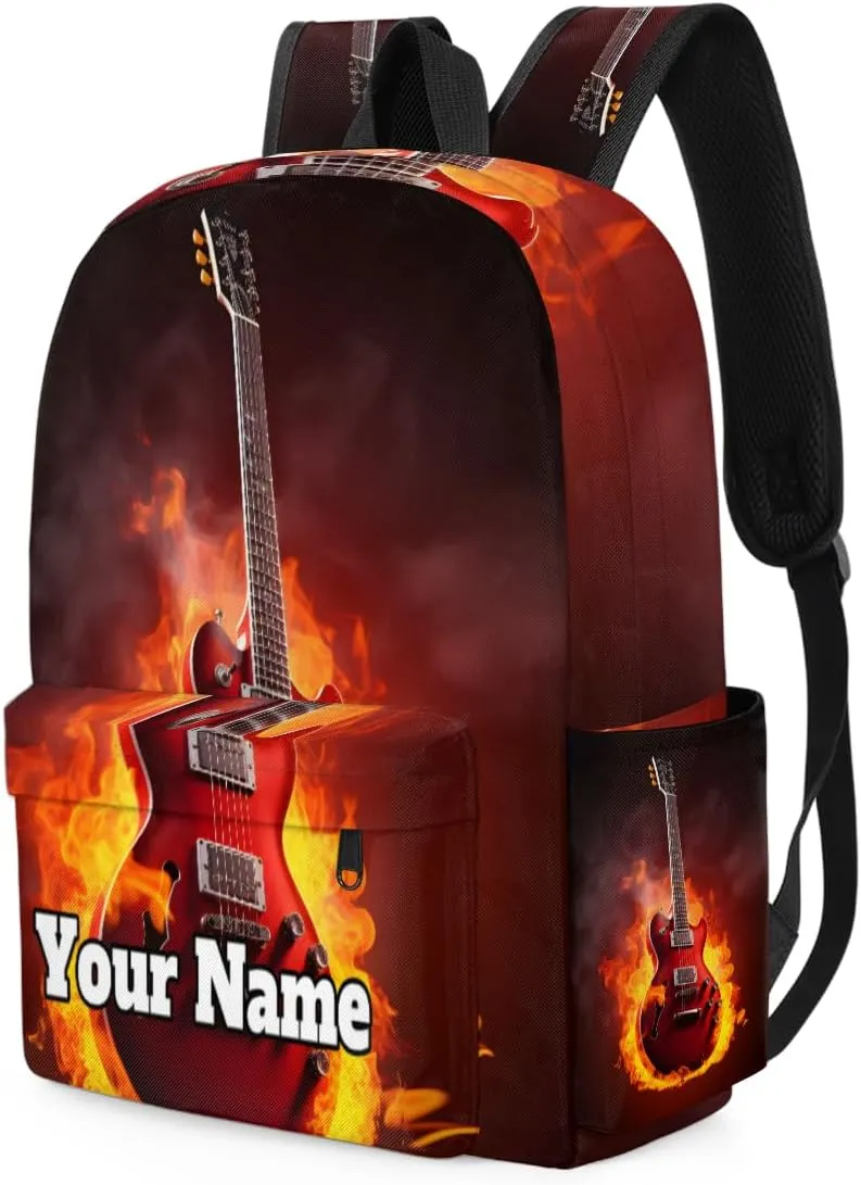 Personalized Guitar Flame Preschool Toddler Backpack for Boys Girls Custom Kids Name Small Bookbags Kindergarten Elementary Backpack, Music Theme