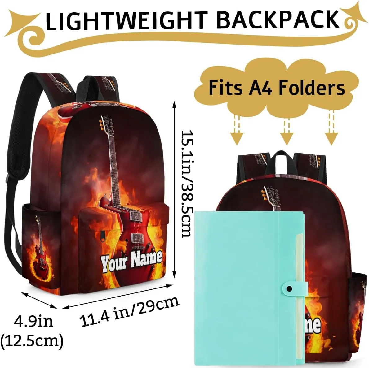 Personalized Guitar Flame Preschool Toddler Backpack for Boys Girls Custom Kids Name Small Bookbags Kindergarten Elementary Backpack, Music Theme