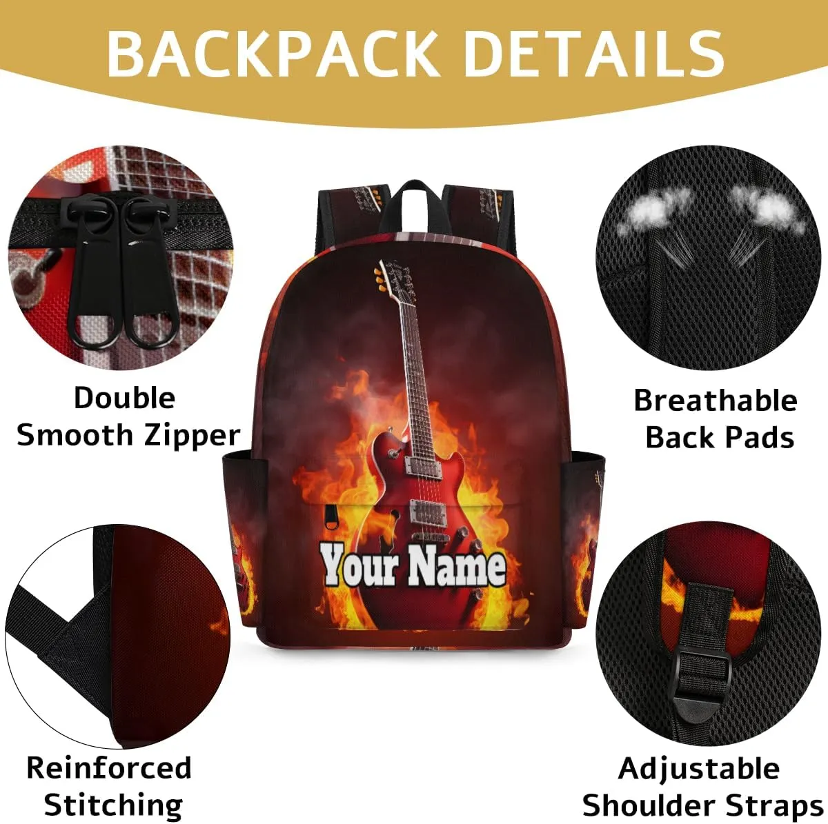 Personalized Guitar Flame Preschool Toddler Backpack for Boys Girls Custom Kids Name Small Bookbags Kindergarten Elementary Backpack, Music Theme