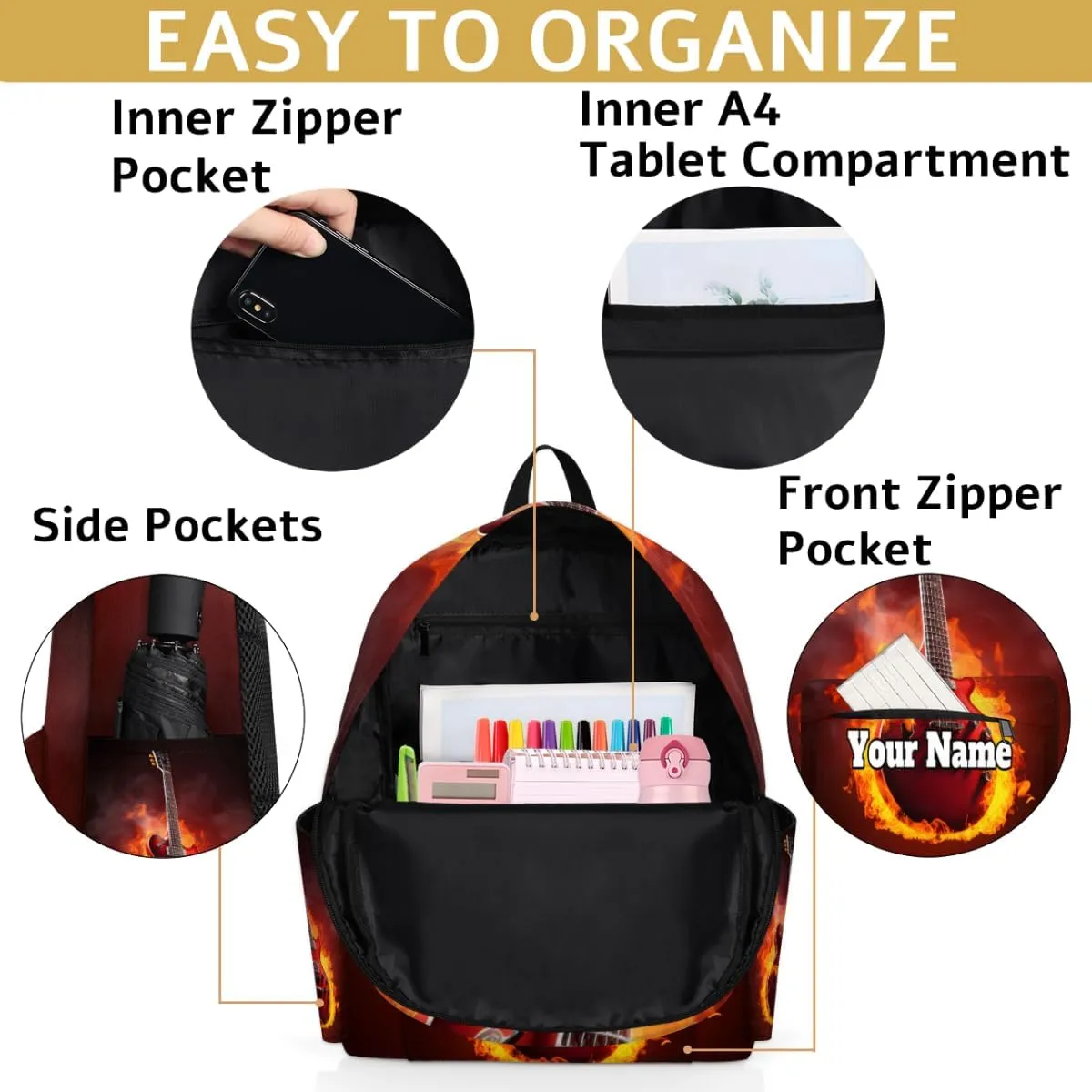 Personalized Guitar Flame Preschool Toddler Backpack for Boys Girls Custom Kids Name Small Bookbags Kindergarten Elementary Backpack, Music Theme