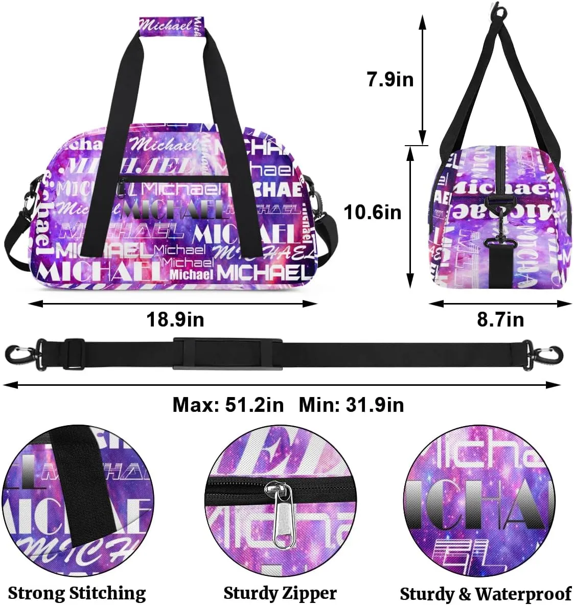 Personalized Gym Bag with Name Purple Custom Gym Bag Sport Duffel Bag for Women, Customized Gymnastics Ballet Dance Bag Overnight Weekender Bag