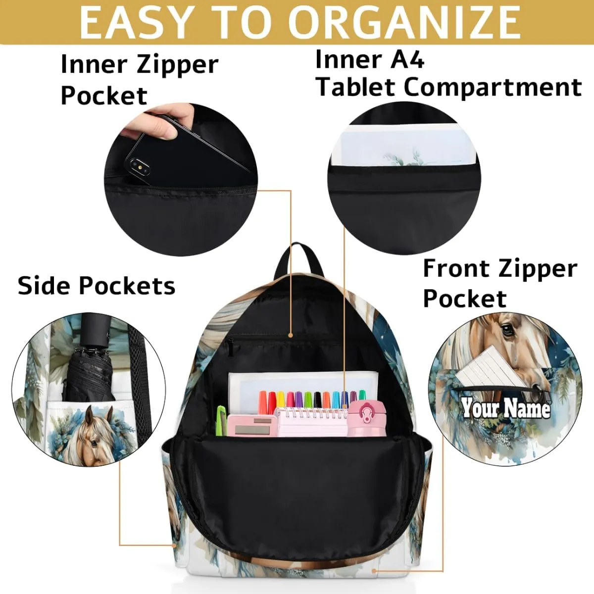 Personalized Horse Preschool Toddler Backpack for Boys Girls Custom Kids Name Small Bookbags Kindergarten Elementary Backpack, Horse Animal