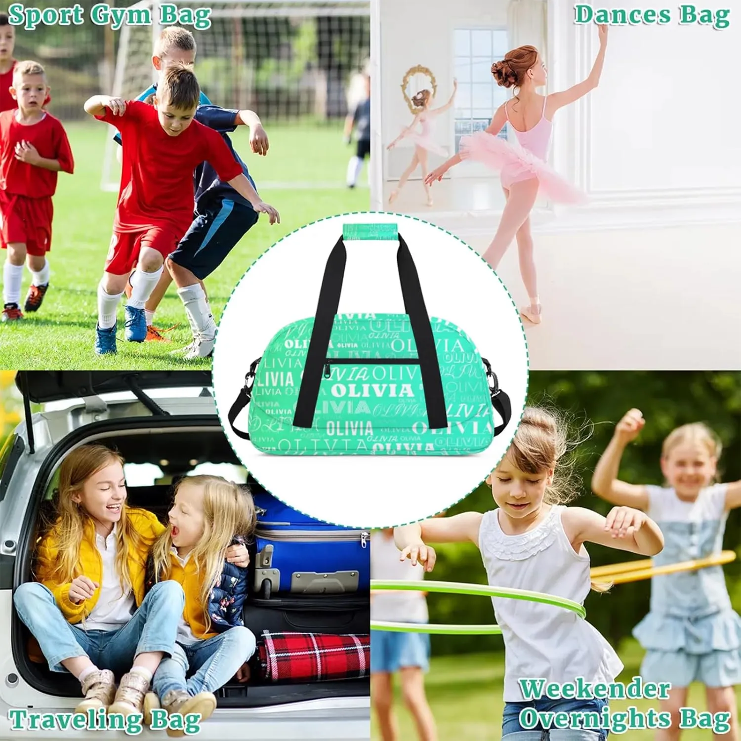 Personalized Kids Duffel Bag with Your Name Lightweight Waterproof Custom Sports Gym Bag with Front Zipper Pocket Foldable Weekender Overnight Bag for School Practice Gymnastic Ballet Gradient Green
