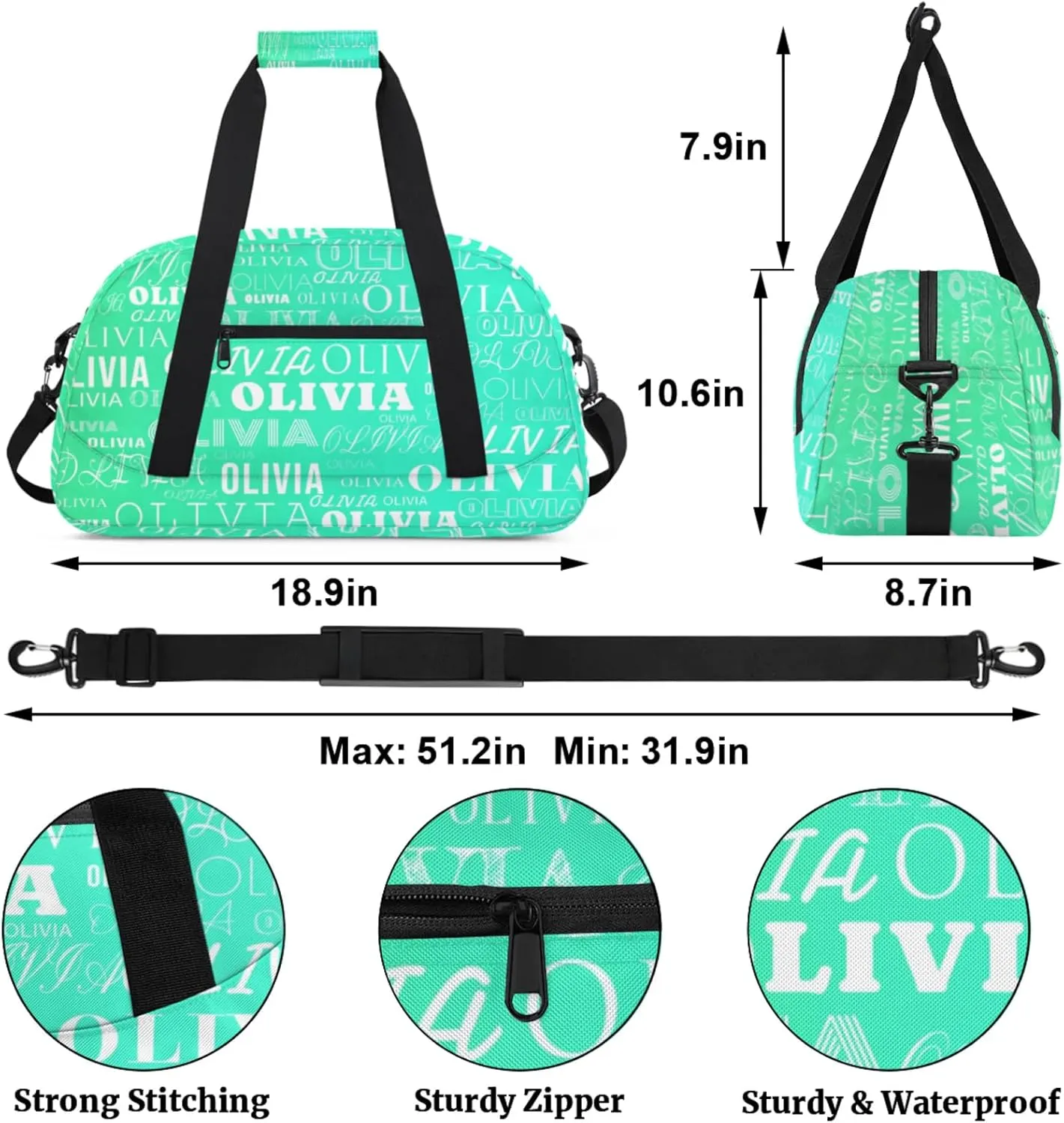 Personalized Kids Duffel Bag with Your Name Lightweight Waterproof Custom Sports Gym Bag with Front Zipper Pocket Foldable Weekender Overnight Bag for School Practice Gymnastic Ballet Gradient Green