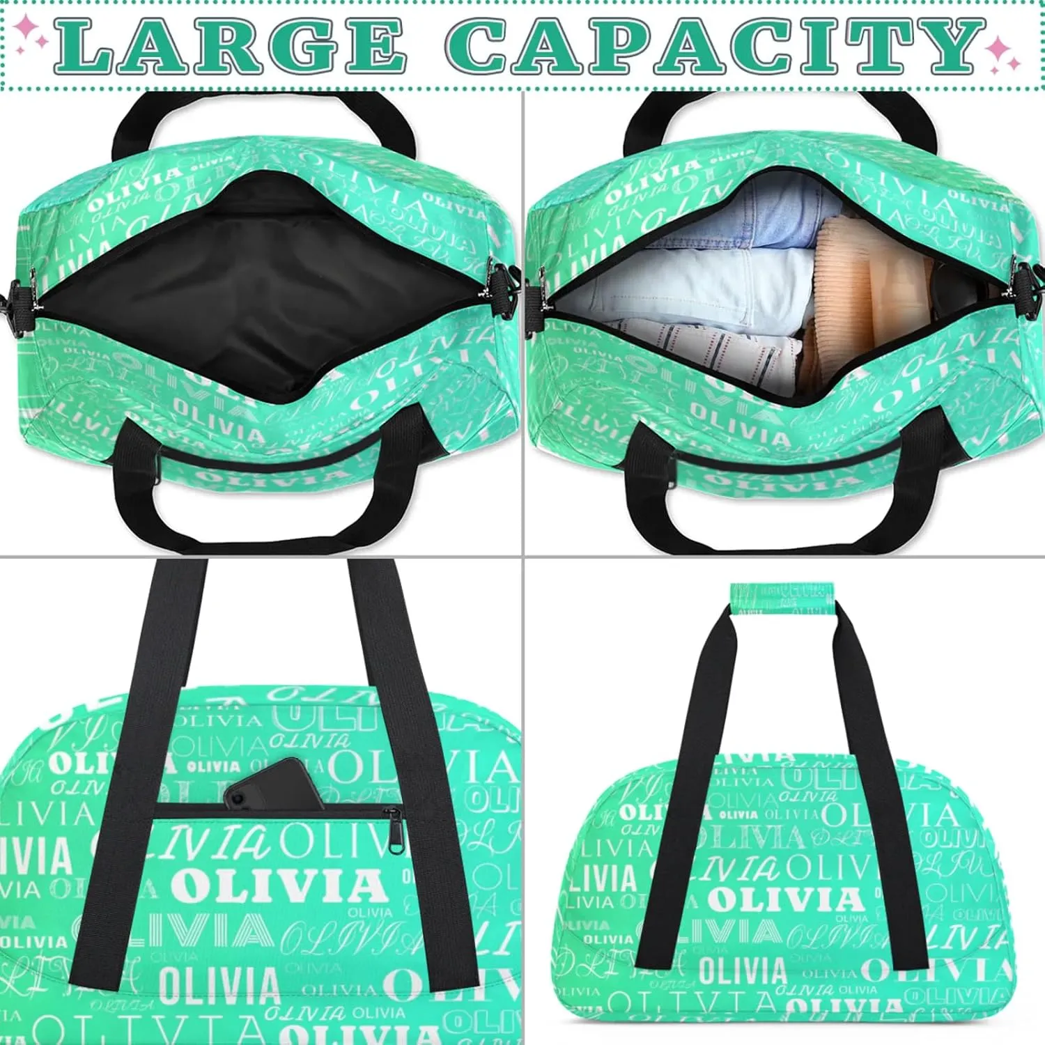 Personalized Kids Duffel Bag with Your Name Lightweight Waterproof Custom Sports Gym Bag with Front Zipper Pocket Foldable Weekender Overnight Bag for School Practice Gymnastic Ballet Gradient Green