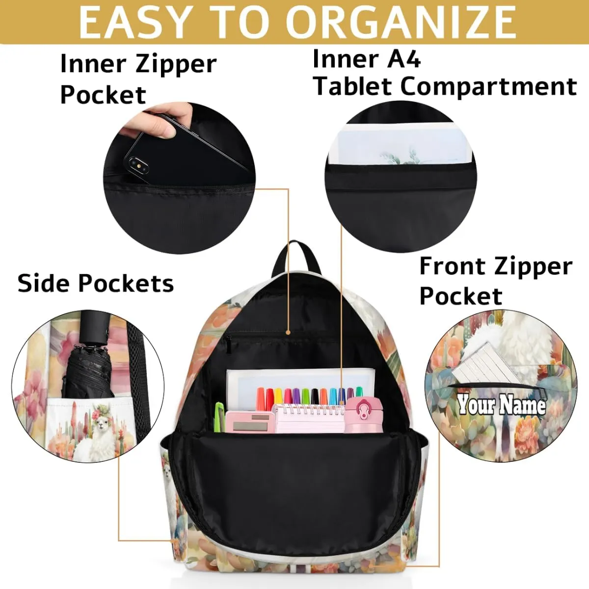 Personalized Llama Alpaca Preschool Toddler Backpack for Boys Girls Custom Kids Name Small Bookbags Kindergarten Elementary Backpack, Cactus Llama