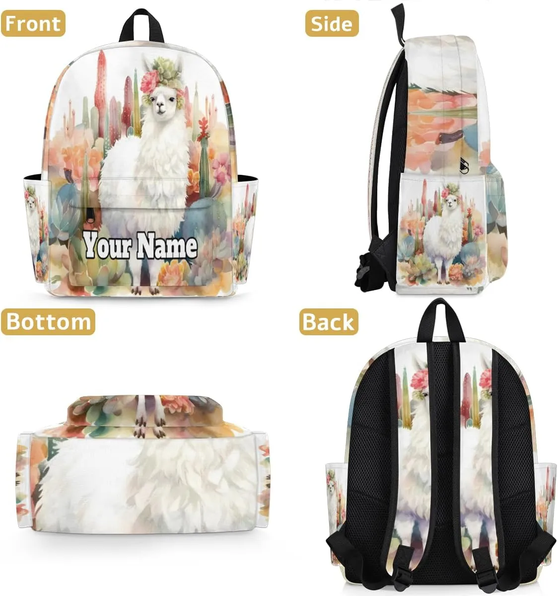 Personalized Llama Alpaca Preschool Toddler Backpack for Boys Girls Custom Kids Name Small Bookbags Kindergarten Elementary Backpack, Cactus Llama