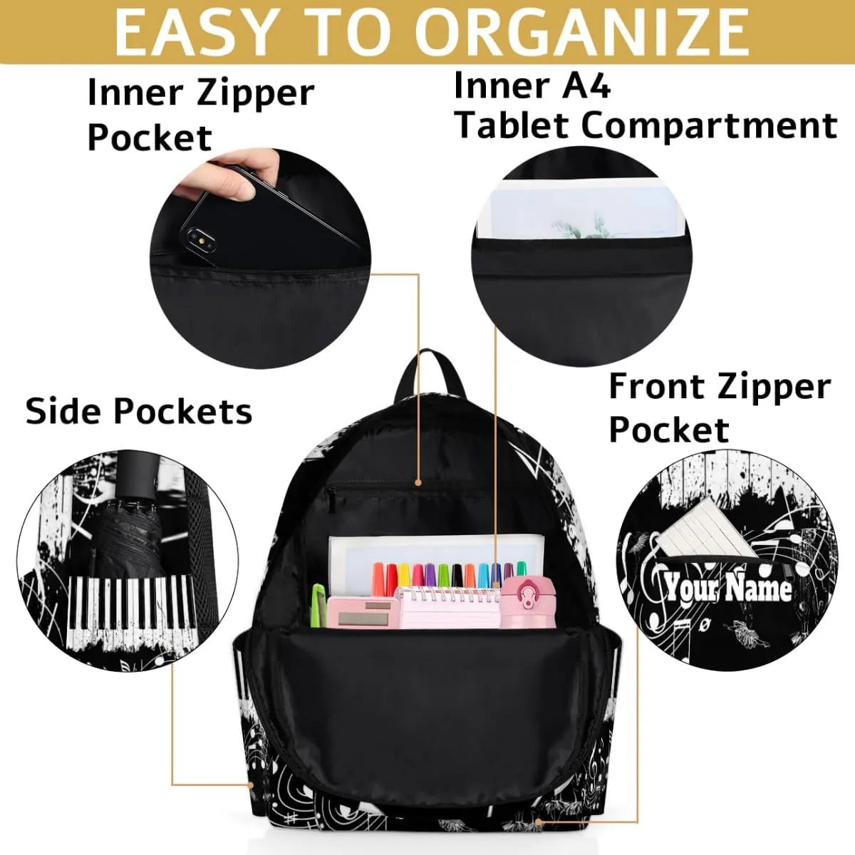 Personalized Music Note Preschool Toddler Backpack for Boys Girls Custom Kids Name Small Bookbags Kindergarten Elementary Backpack, Piano Themed