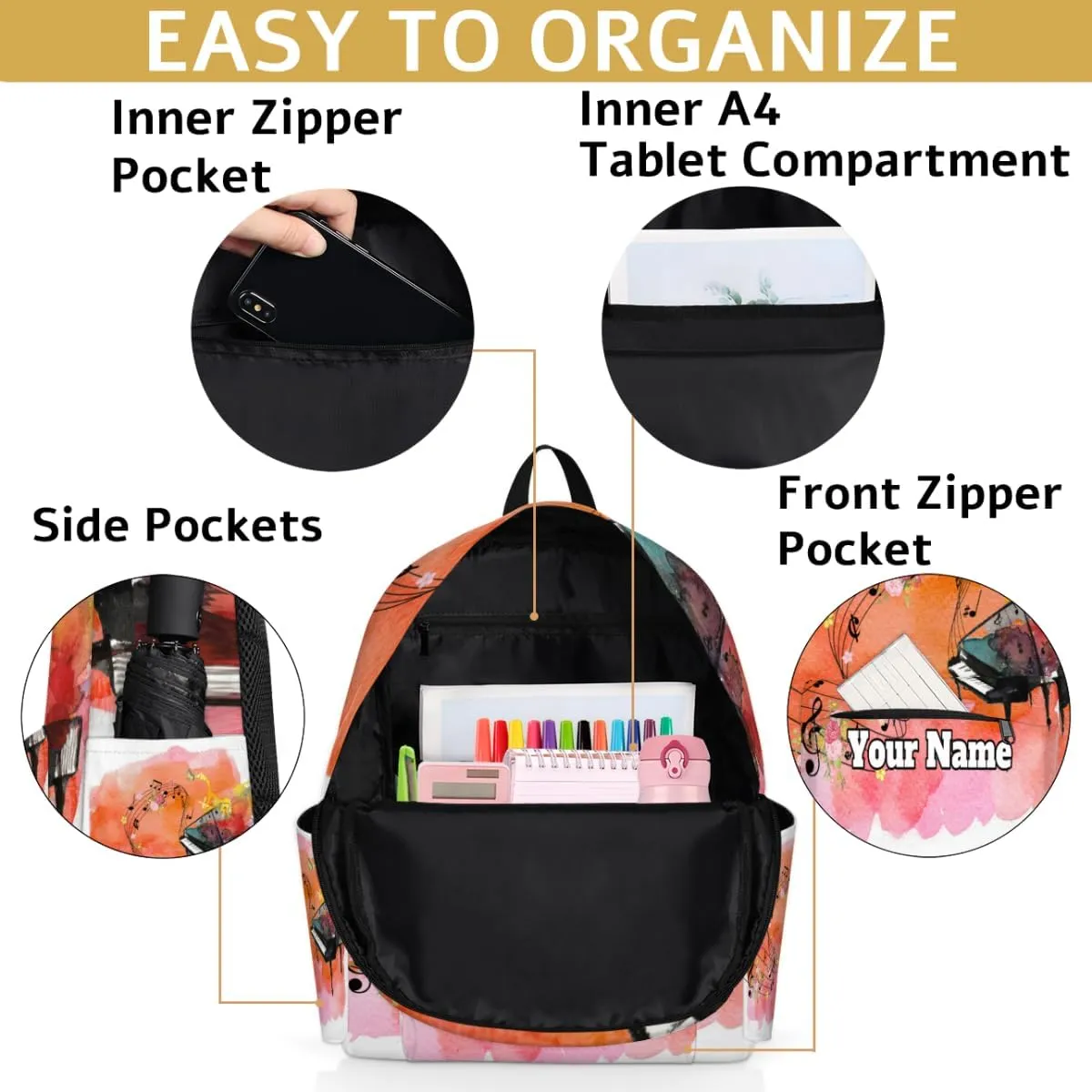 Personalized Music Preschool Toddler Backpack for Boys Girls Custom Kids Name Small Bookbags Kindergarten Elementary Backpack, Piano