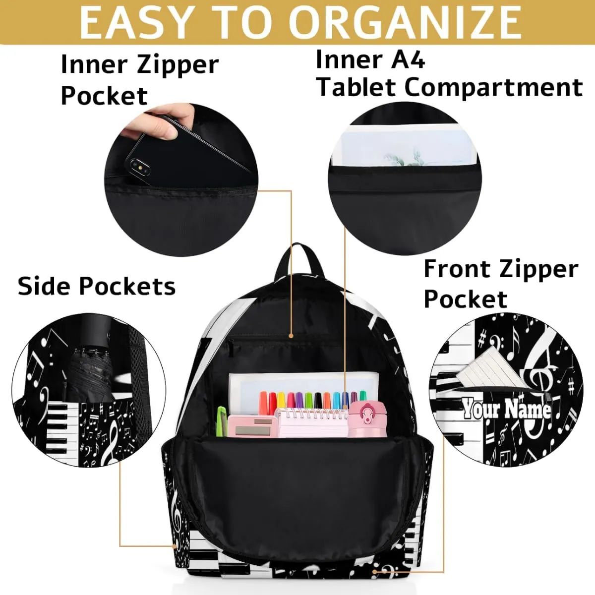 Personalized Piano Keys Music Preschool Toddler Backpack for Boys Girls Custom Kids Name Small Bookbags Kindergarten Elementary Backpack, Music