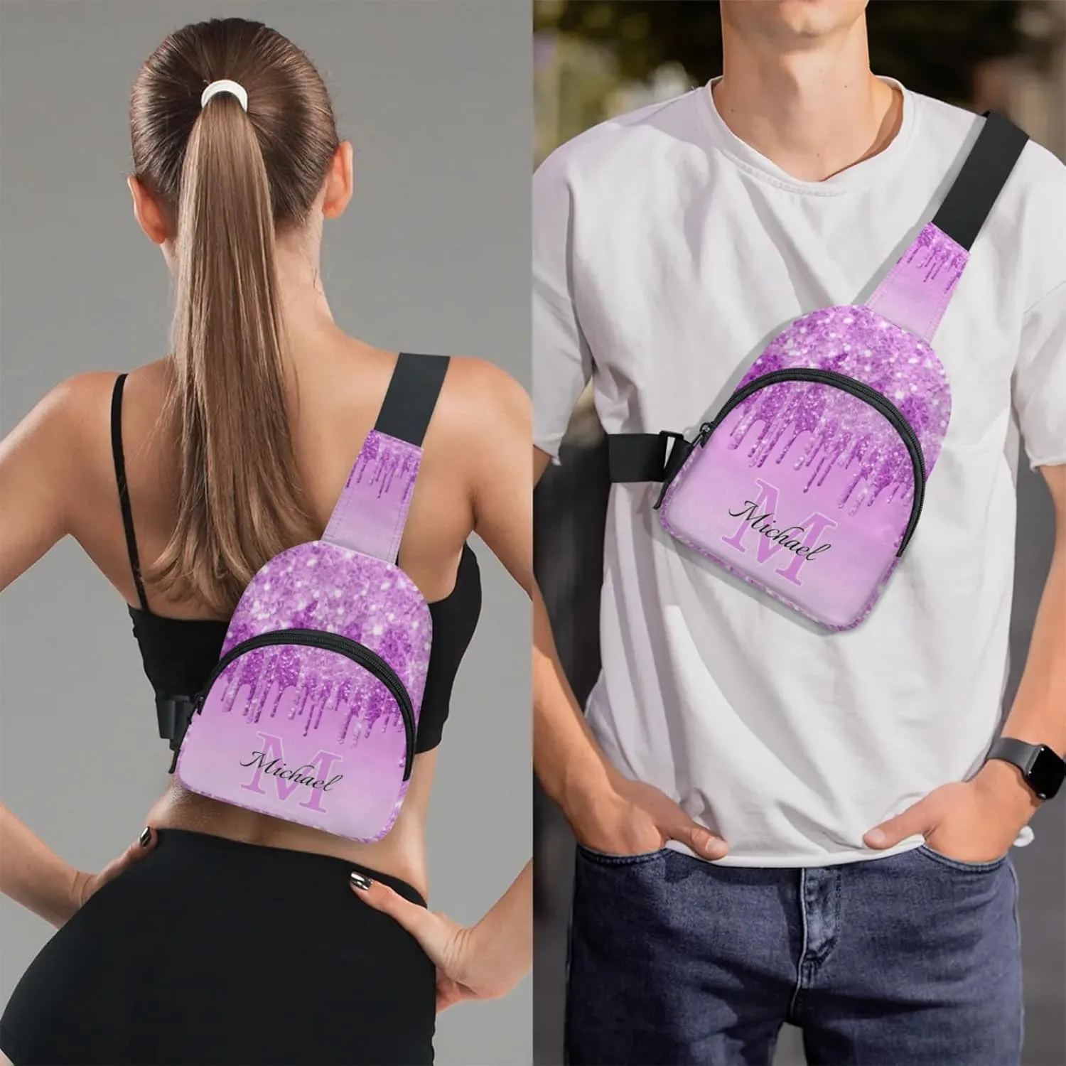 Personalized Sling Bag with Initial Name Custom Crossbody Sling Backpack Customize Chest Bag Daypack for Men Women, Light Purple Glitter