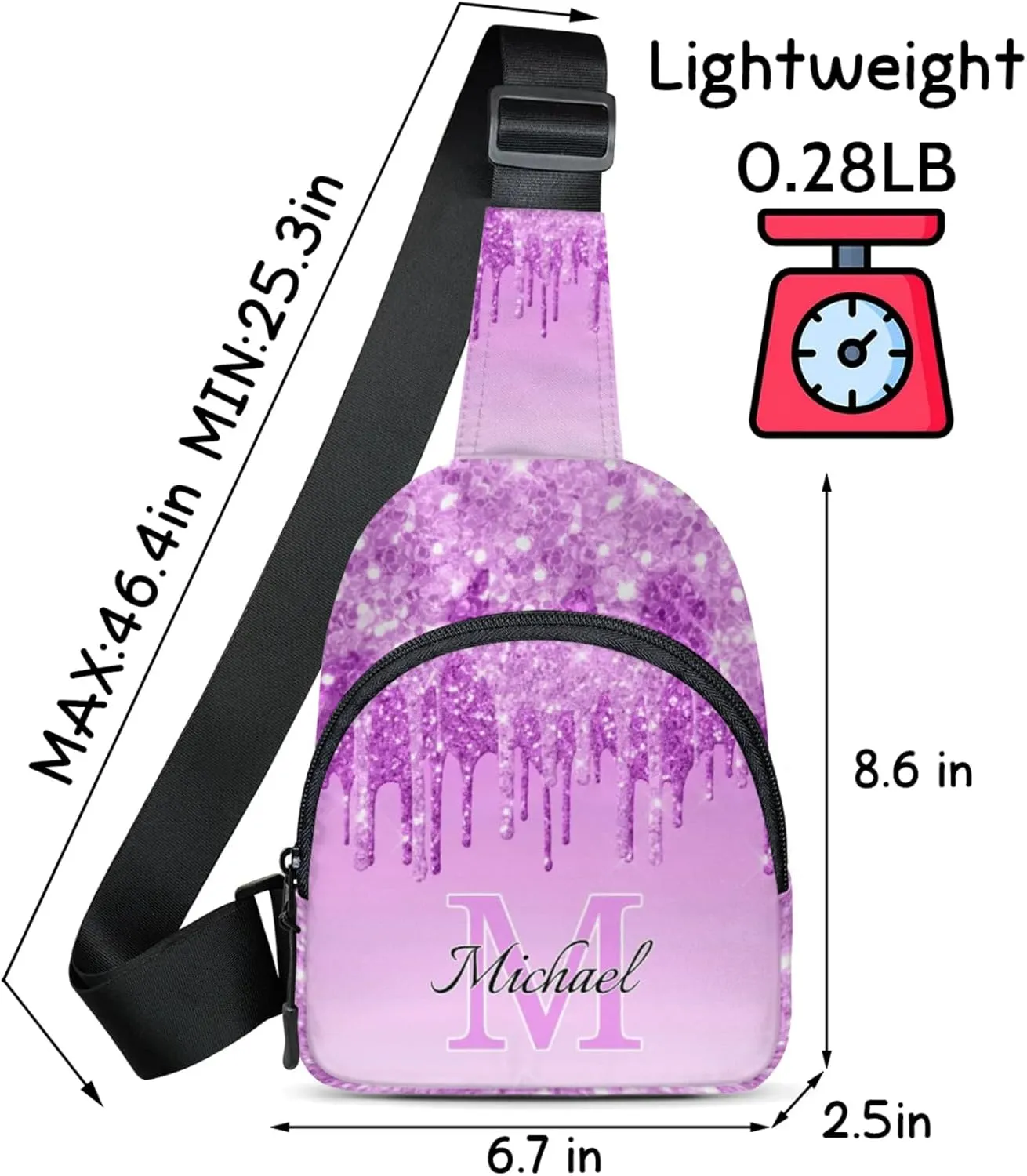 Personalized Sling Bag with Initial Name Custom Crossbody Sling Backpack Customize Chest Bag Daypack for Men Women, Light Purple Glitter