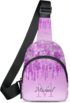 Personalized Sling Bag with Initial Name Custom Crossbody Sling Backpack Customize Chest Bag Daypack for Men Women, Light Purple Glitter