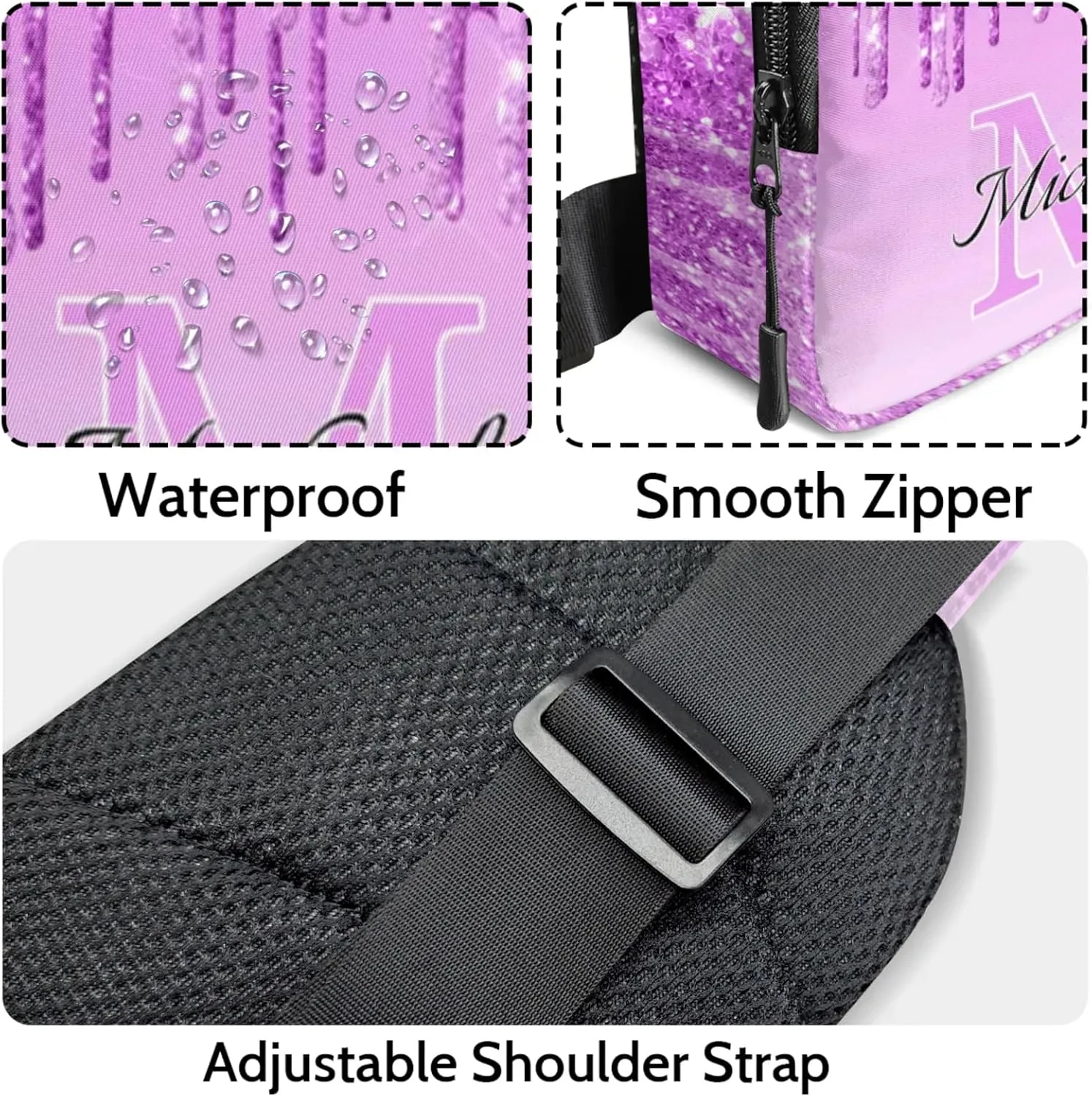 Personalized Sling Bag with Initial Name Custom Crossbody Sling Backpack Customize Chest Bag Daypack for Men Women, Light Purple Glitter