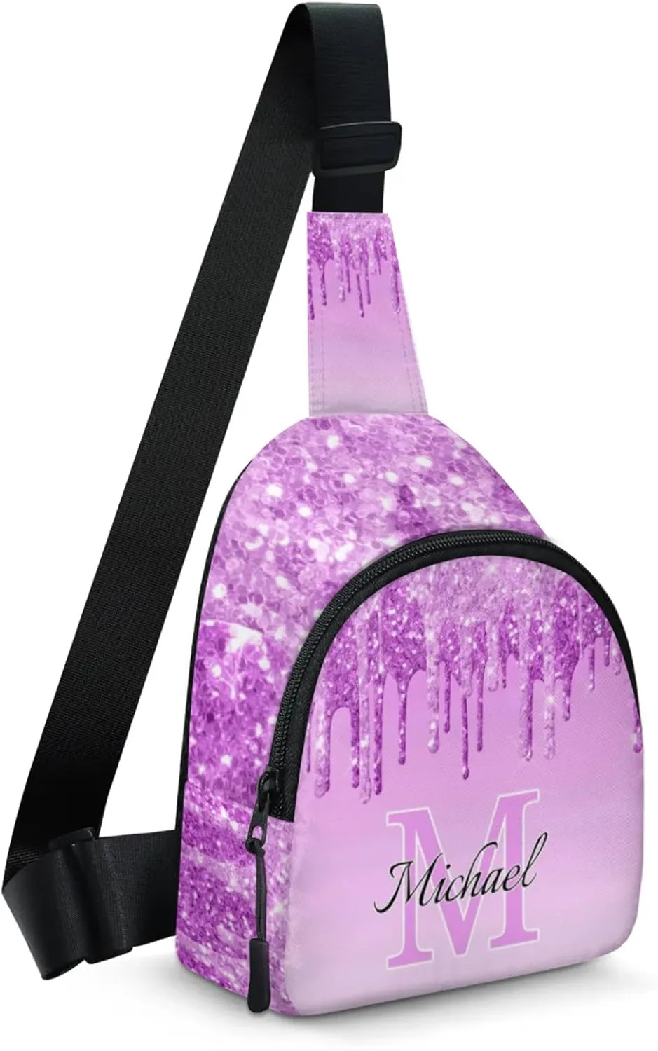Personalized Sling Bag with Initial Name Custom Crossbody Sling Backpack Customize Chest Bag Daypack for Men Women, Light Purple Glitter