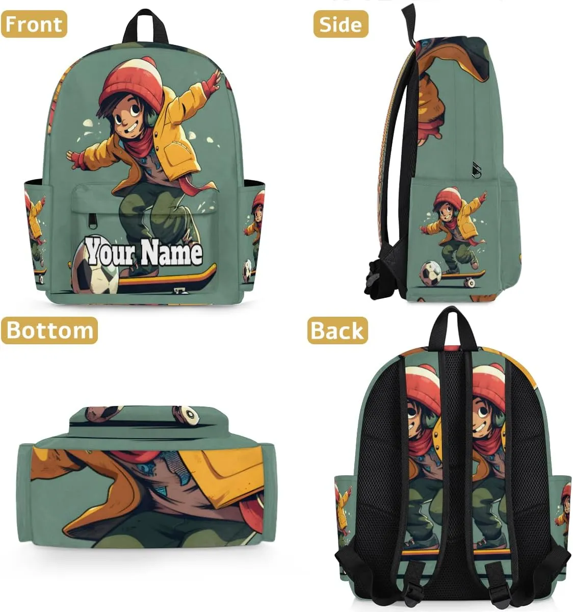 Personalized Sports Skateboarding Preschool Toddler Backpack for Boys Girls Custom Kids Name Small Bookbags Kindergarten Elementary Backpack, Boys Skateboard Soccer
