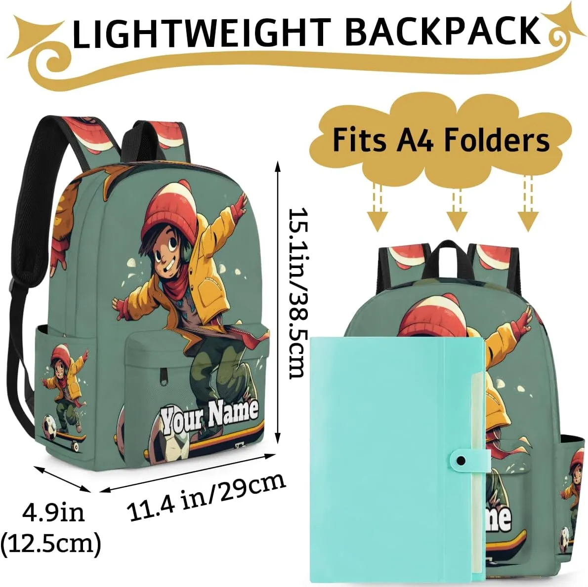 Personalized Sports Skateboarding Preschool Toddler Backpack for Boys Girls Custom Kids Name Small Bookbags Kindergarten Elementary Backpack, Boys Skateboard Soccer