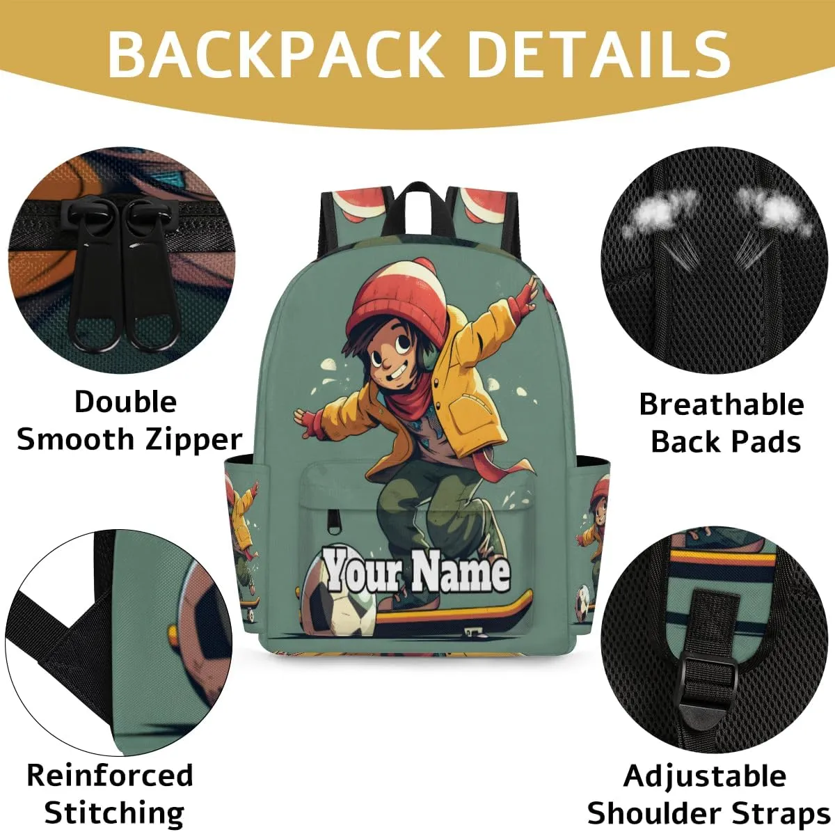 Personalized Sports Skateboarding Preschool Toddler Backpack for Boys Girls Custom Kids Name Small Bookbags Kindergarten Elementary Backpack, Boys Skateboard Soccer