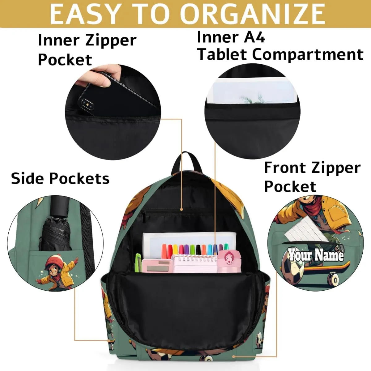 Personalized Sports Skateboarding Preschool Toddler Backpack for Boys Girls Custom Kids Name Small Bookbags Kindergarten Elementary Backpack, Boys Skateboard Soccer