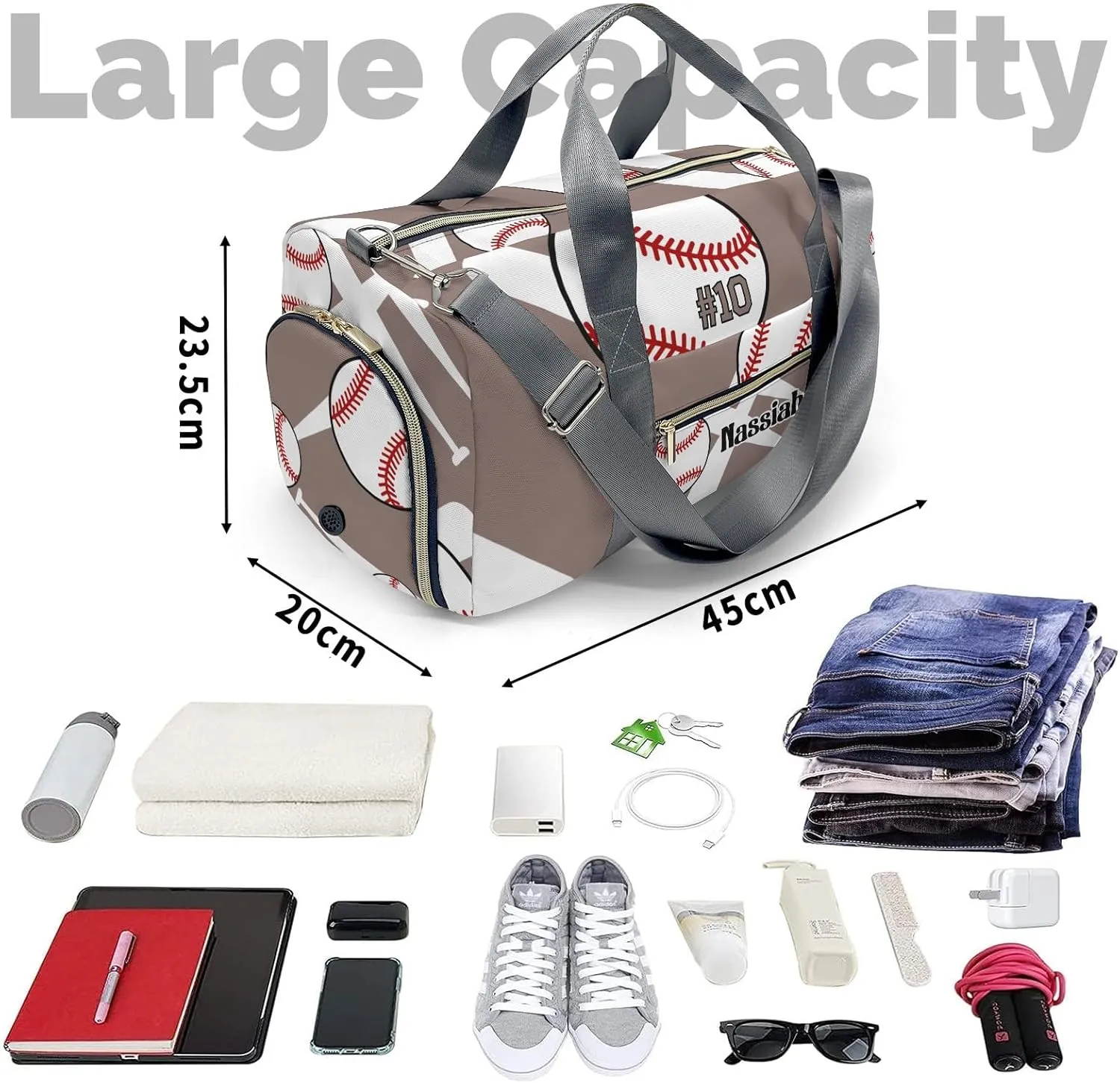 Personalized Team Baseball Brown Duffel Bag,Customized Sport Player Travel Bag for Gifts