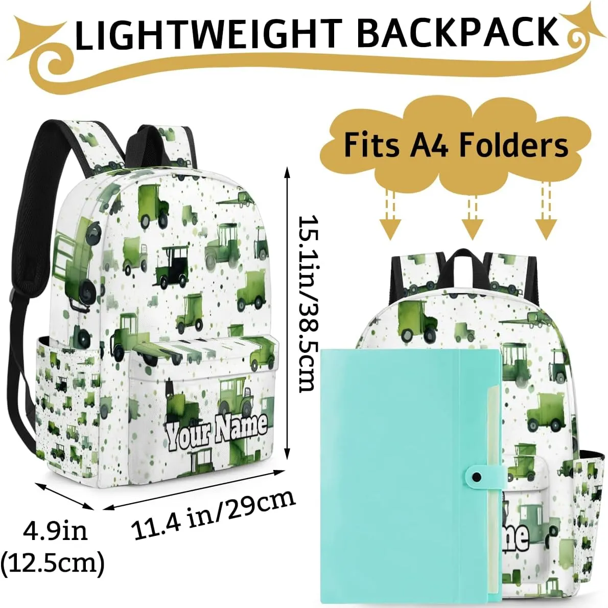 Personalized Truck Tractors Preschool Toddler Backpack for Boys Girls Custom Kids Name Small Bookbags Kindergarten Elementary Backpack, Tractors