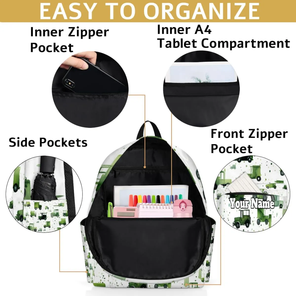 Personalized Truck Tractors Preschool Toddler Backpack for Boys Girls Custom Kids Name Small Bookbags Kindergarten Elementary Backpack, Tractors