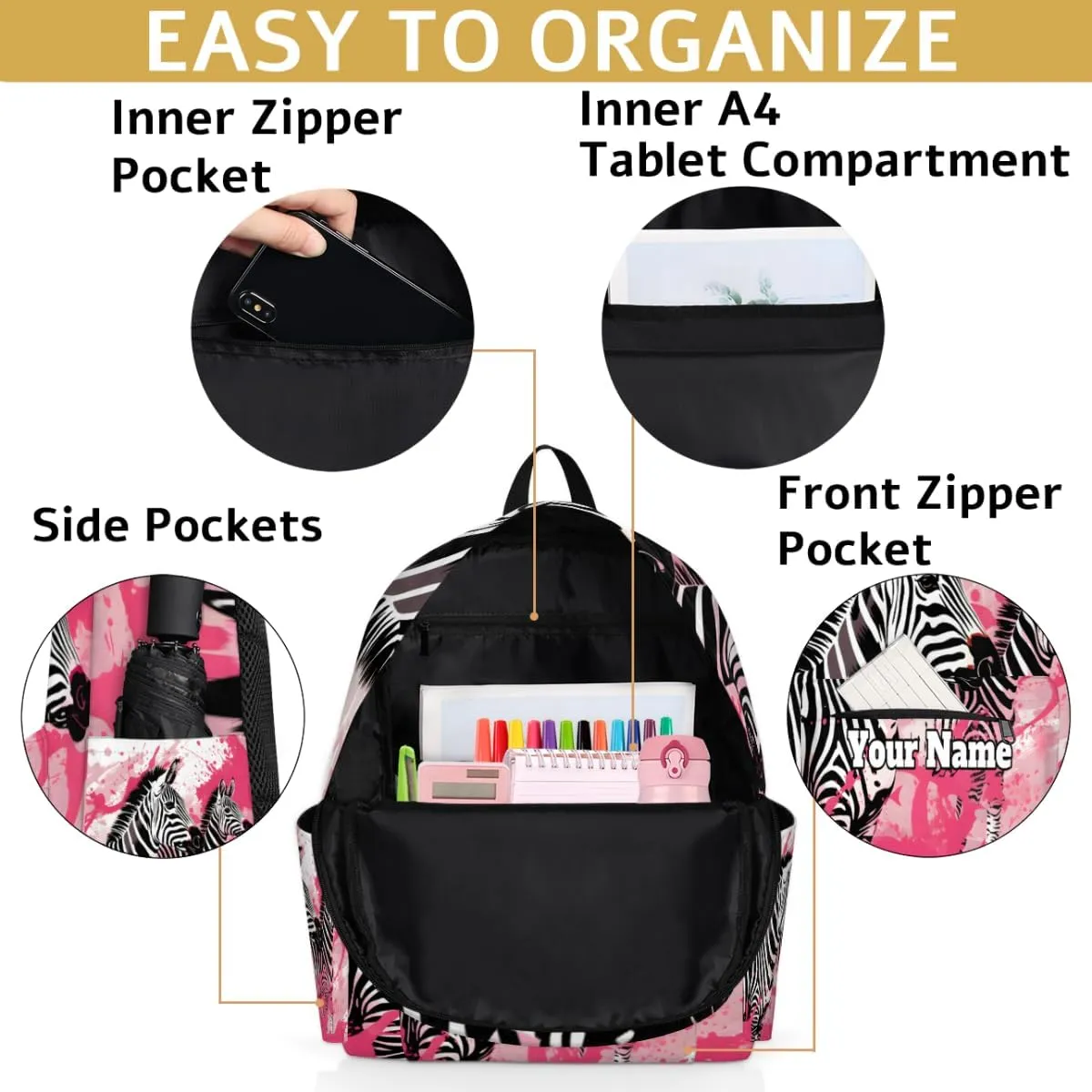 Personalized Zebra Preschool Toddler Backpack for Boys Girls Custom Kids Name Small Bookbags Kindergarten Elementary Backpack, Zebra Print