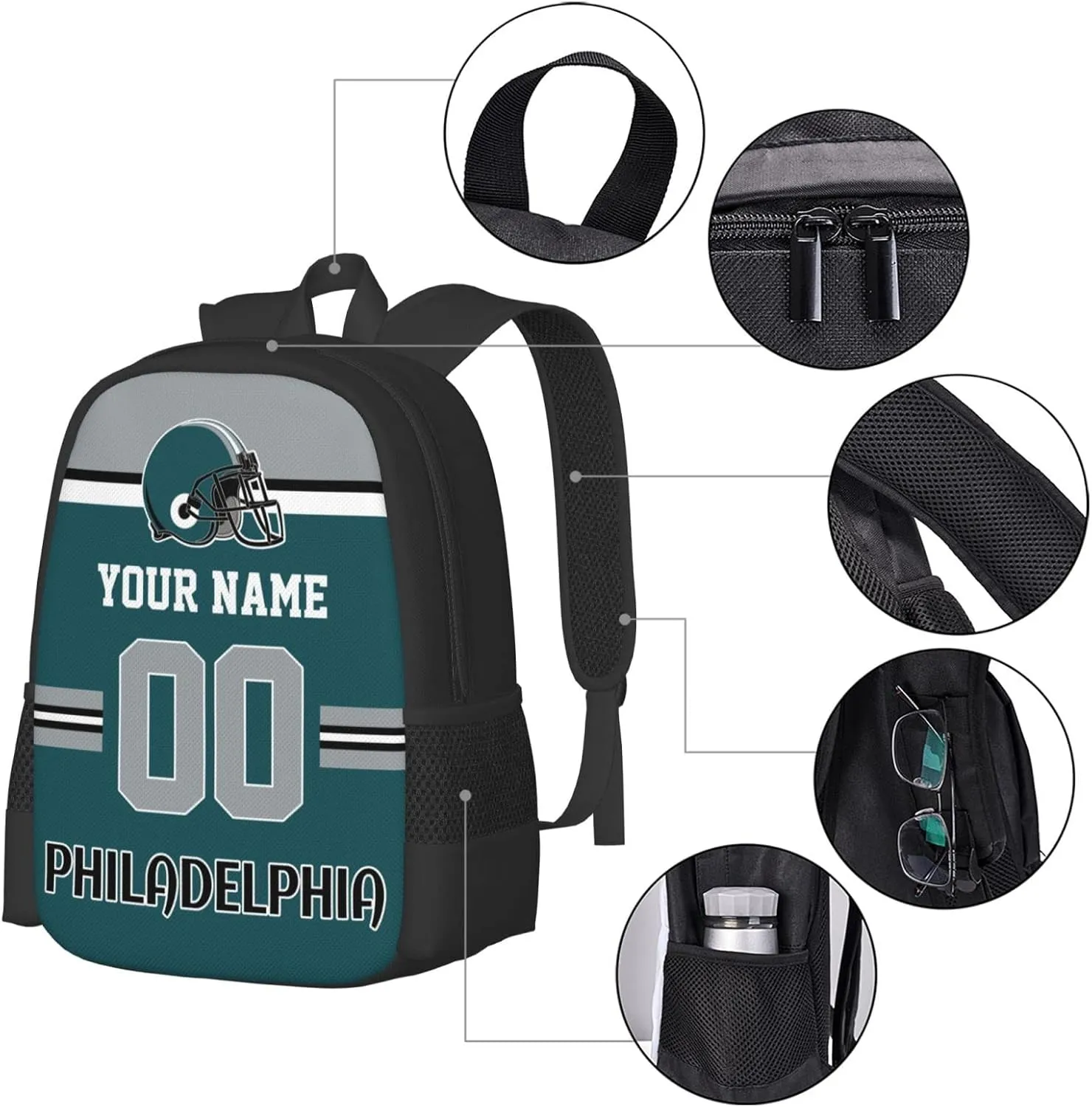 Philadelphia Backpack Custom Football Style Backpack Personalized Name and Number Backpacks Customized High Capacity Bag Gifts for Men Women Fans