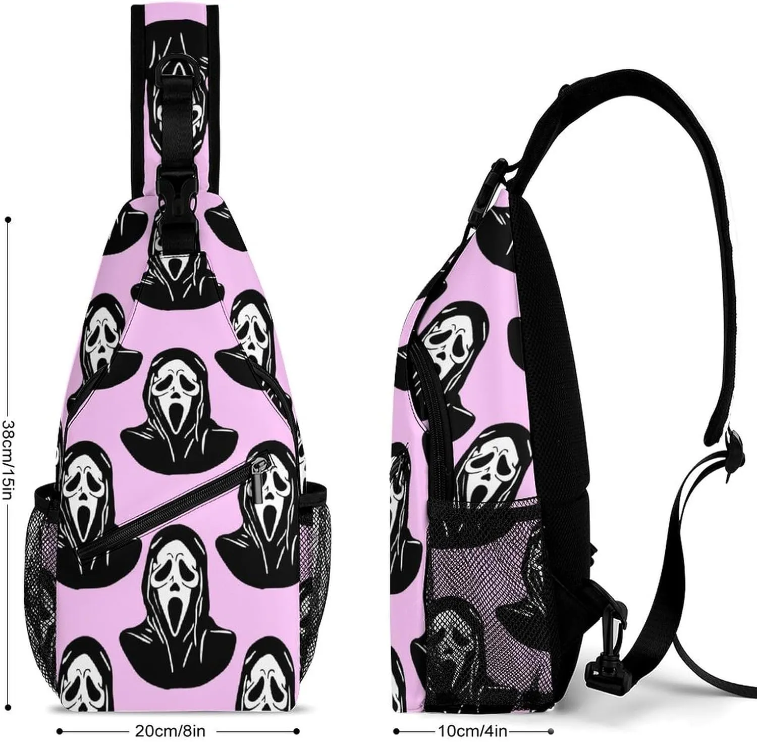 Pink Black Mask Scream Sling Bag Crossbody for Women Men Lightweight Adjustable Extender Strap Shoulder Backpack with Water Bottle Holder Casual Daypack for Hiking Travel
