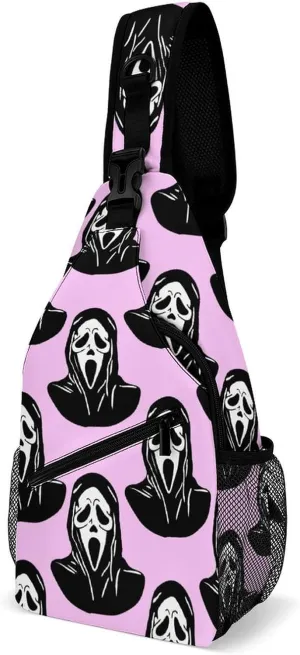 Pink Black Mask Scream Sling Bag Crossbody for Women Men Lightweight Adjustable Extender Strap Shoulder Backpack with Water Bottle Holder Casual Daypack for Hiking Travel
