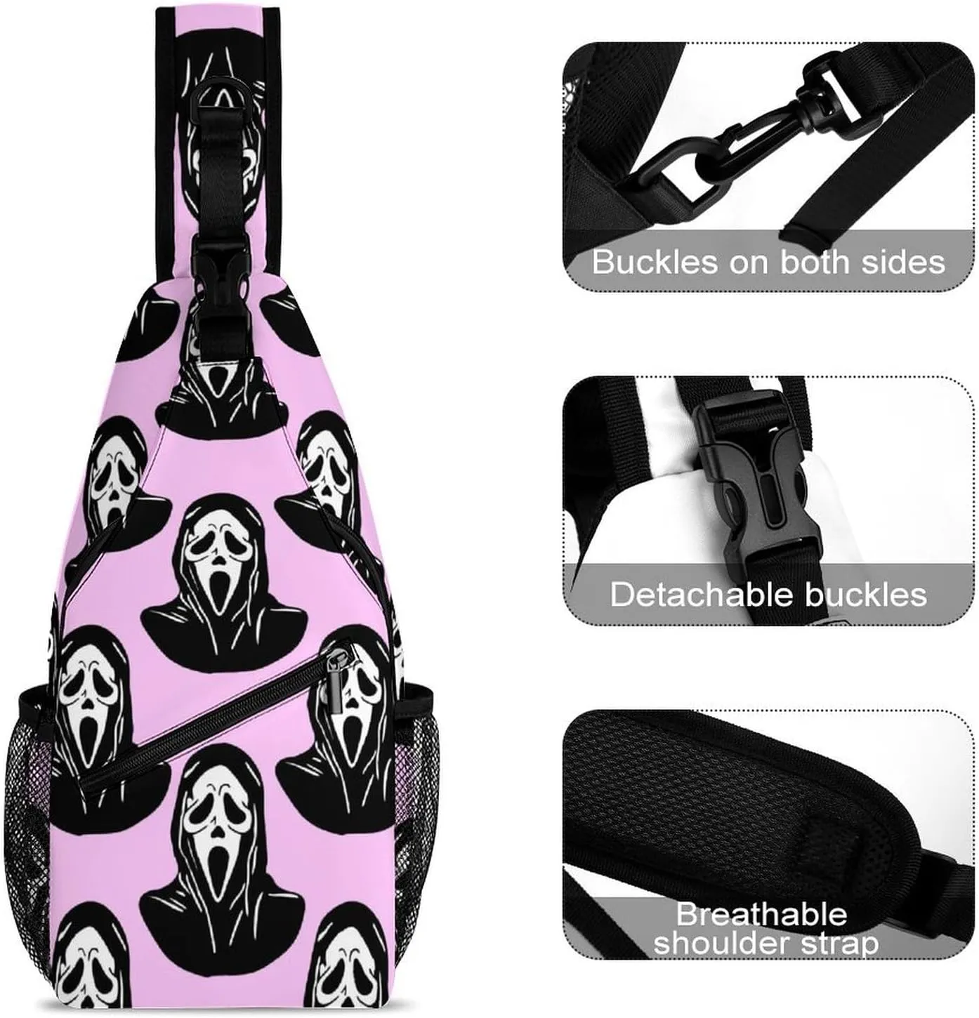 Pink Black Mask Scream Sling Bag Crossbody for Women Men Lightweight Adjustable Extender Strap Shoulder Backpack with Water Bottle Holder Casual Daypack for Hiking Travel