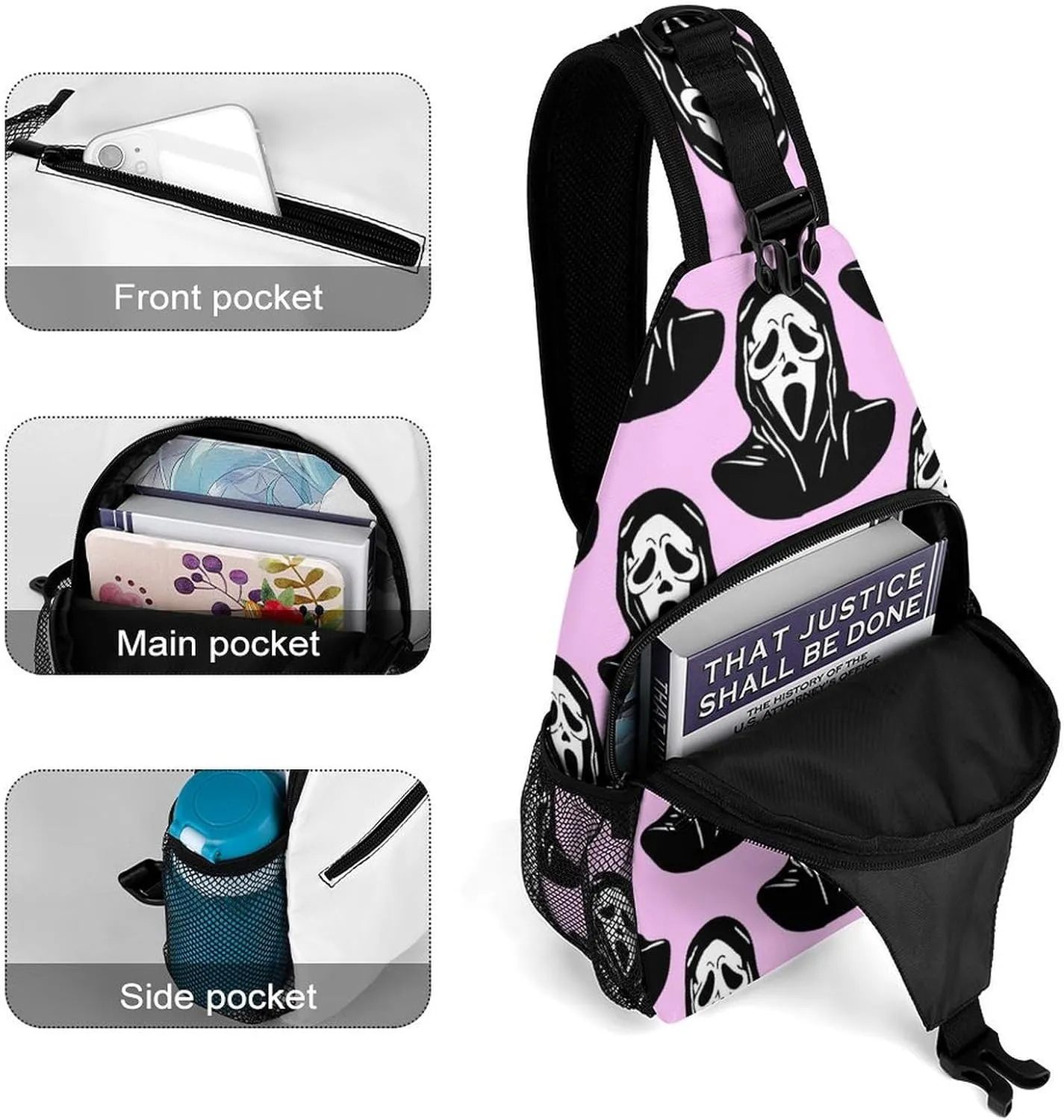 Pink Black Mask Scream Sling Bag Crossbody for Women Men Lightweight Adjustable Extender Strap Shoulder Backpack with Water Bottle Holder Casual Daypack for Hiking Travel