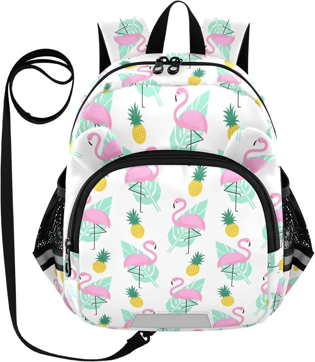 Pink Flamingos Preschool Backpack Pineapples Green Palm Leaves Daycare Bookbag School Backpack with Traction Rope for Kids 3-6