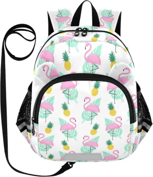 Pink Flamingos Preschool Backpack Pineapples Green Palm Leaves Daycare Bookbag School Backpack with Traction Rope for Kids 3-6
